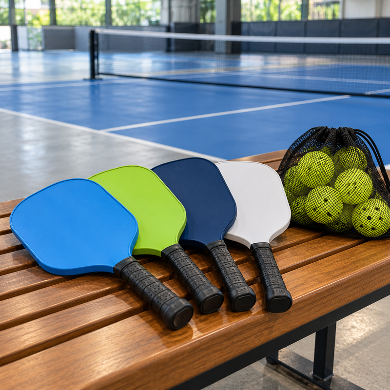 Empat paddle pickleball pelbagai warna dan beg bola di atas bangku tepi court — ilustrasi