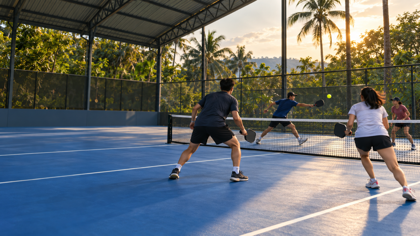 Pemain beregu sedang rally di court pickleball berbumbung pada waktu siang