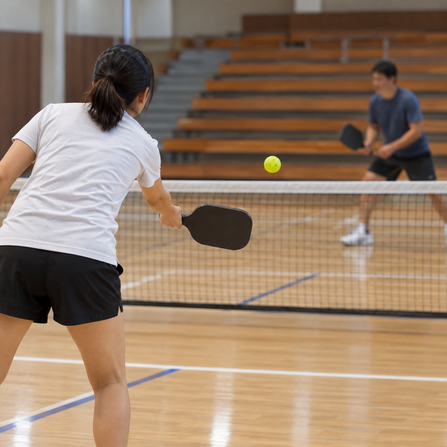 Pemula berlatih dink lembut di garisan kitchen di court pickleball dalaman — ilustrasi