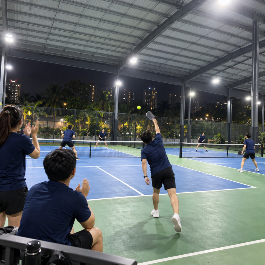 Rakan sekerja bermain pickleball selepas waktu kerja di bawah lampu limpah di court berbumbung — ilustrasi