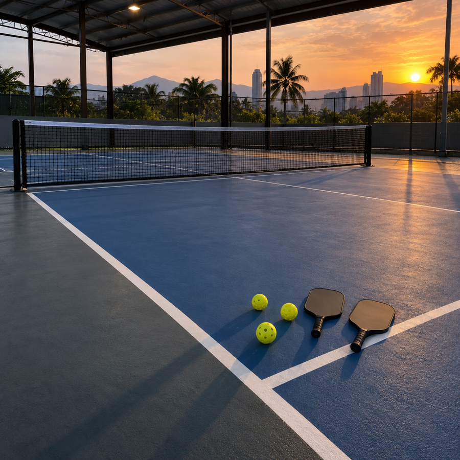 Court pickleball biru kosong dengan paddle dan bola di tepi garisan kitchen waktu senja — ilustrasi